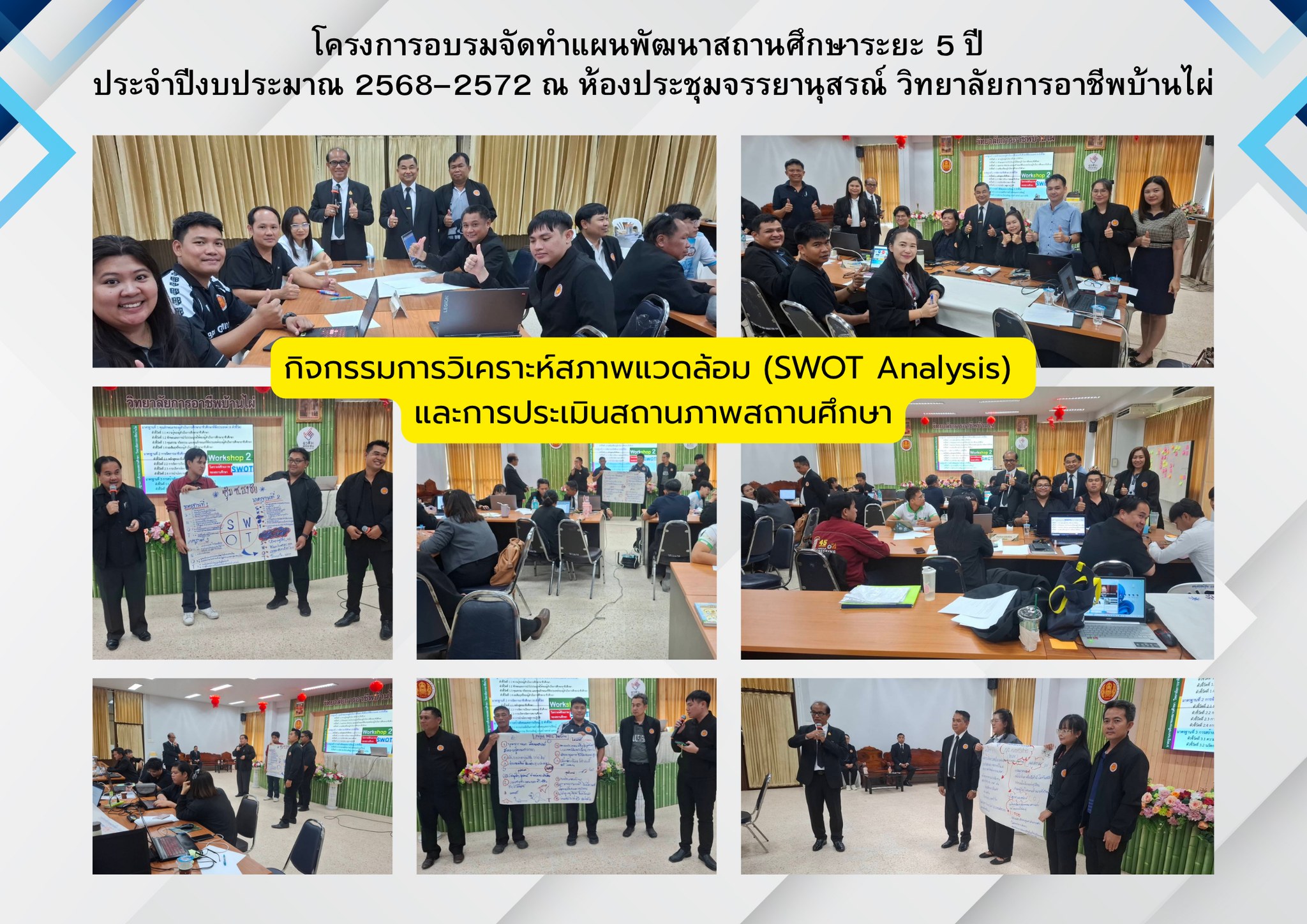 การอบรมโครงการจัดทำแผนพัฒนาสถานศึกษา ระยะ 5 ปี ประจำปีงบประมาณ 2568–2572 วิทยาลัยการอาชีพบ้านไผ่ ดำเนินกิจกรรมการวิเคราะห์สภาพแวดล้อม (SWOT Analysis) และการประเมินสถานภาพสถานศึกษา